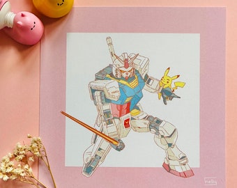 ガンダムRX-78-2×ピカチュウ（ポケモン）スクエアアートプリント - アニメ/マンガ - イラスト - ポスター - かわいい