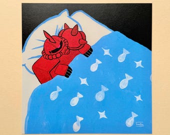 Lámina artística de Gundam: Buenas noches, Zaku - Traje móvil - Arte mural - Decoración de pared - Acuarela - Tradicional - Pintura - Bonita - Kawaii