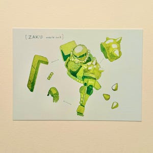 Zaku gundam art print - anatomy - mech art - wall decor - watercolour - painting - mobile suit