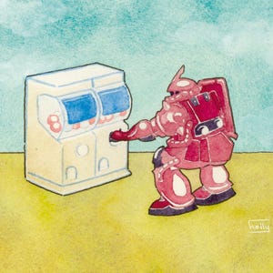 Zaku Gacha postcard print - mobile suit gundam - watercolour - painting - ink - cute - kawaii - gift