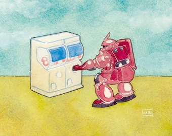 Zaku Gacha postcard print - mobile suit gundam - watercolour - painting - ink - cute - kawaii - gift