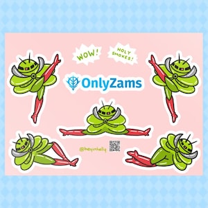 Puede incluir: Una hoja de pegatinas con un personaje de dibujos animados verde y rojo en varias poses. Las pegatinas incluyen los textos "WOW!" y "HOLY SMOKES!" y el logotipo de OnlyZams. También se incluye el nombre de usuario de Instagram del artista, @heyinhelly.