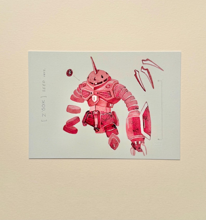 May include: Watercolor illustration of a red robot with a horn, shield, and segmented limbs. The text "[ Z'GOK ] SEED verz." is visible. The robot is depicted in a dynamic pose, with detached parts.