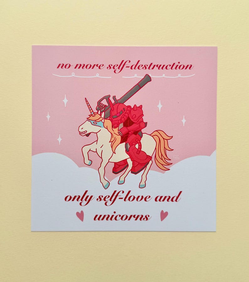 Puede incluir: Impresi&oacute;n cuadrada con una ilustraci&oacute;n de dibujos animados de un robot rojo montando un unicornio blanco. El unicornio tiene un cuerno y una melena dorados. La impresi&oacute;n incluye el texto "no more self-destruction" y "only self-love and unicorns."