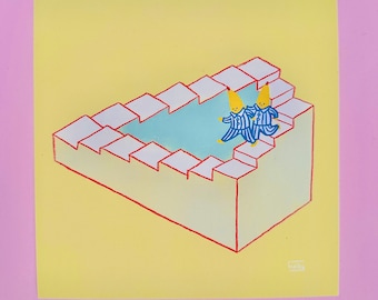 Bananas in pyjamas going down the stairs art print - Penrose steps - cute - kawaii - gift
