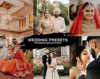 May include: A collage of photos showcasing wedding photography presets. The photos feature a couple in traditional Indian wedding attire, with the bride wearing a red and gold lehenga and the groom wearing a white turban and sherwani. The photos are taken in a variety of settings, including a grand hall, a lush garden, and a romantic outdoor setting. The text "WEDDING PRESETS" and "Professional Lightroom Presets" is displayed on a black brushstroke background.