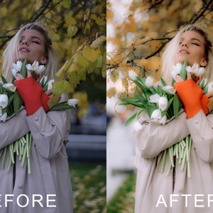 Puede incluir: Una mujer con un abrigo beige sostiene un ramo de tulipanes blancos con guantes rojos. El fondo est&aacute; desenfocado y presenta follaje oto&ntilde;al.