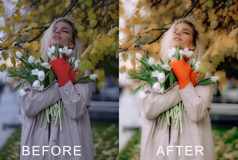 Puede incluir: Una mujer con un abrigo beige sostiene un ramo de tulipanes blancos con guantes rojos. El fondo est&aacute; desenfocado y presenta follaje oto&ntilde;al.