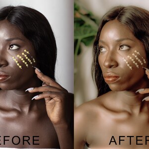 Puede incluir: Foto antes y despu&eacute;s de una persona con piel oscura. La persona tiene puntos dorados en la cara. La foto de la izquierda muestra a la persona antes de la aplicaci&oacute;n del maquillaje. La foto de la derecha muestra a la persona despu&eacute;s de la aplicaci&oacute;n del maquillaje. El texto "ANTES" est&aacute; en la parte inferior izquierda de la imagen. El texto "DESPU&Eacute;S" est&aacute; en la parte inferior derecha de la imagen.