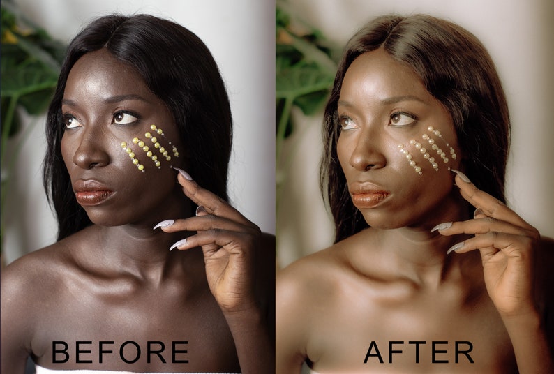 Puede incluir: Foto antes y despu&eacute;s de una persona con piel oscura. La persona tiene puntos dorados en la cara. La foto de la izquierda muestra a la persona antes de la aplicaci&oacute;n del maquillaje. La foto de la derecha muestra a la persona despu&eacute;s de la aplicaci&oacute;n del maquillaje. El texto "ANTES" est&aacute; en la parte inferior izquierda de la imagen. El texto "DESPU&Eacute;S" est&aacute; en la parte inferior derecha de la imagen.