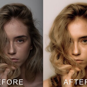 Puede incluir: Foto antes y despu&eacute;s de una mujer con el pelo largo, ondulado y casta&ntilde;o claro. La foto de la izquierda muestra la cara de la mujer con un aspecto natural. La foto de la derecha muestra la cara de la mujer con un aspecto m&aacute;s pulido.