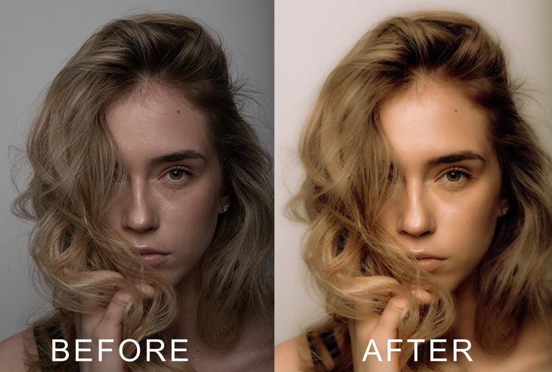 Puede incluir: Foto antes y despu&eacute;s de una mujer con el pelo largo, ondulado y casta&ntilde;o claro. La foto de la izquierda muestra la cara de la mujer con un aspecto natural. La foto de la derecha muestra la cara de la mujer con un aspecto m&aacute;s pulido.