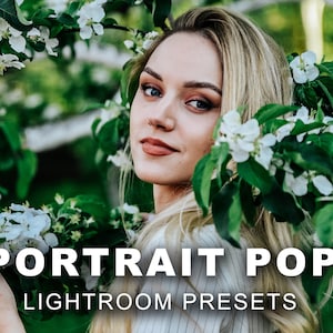 Könnte beinhalten: Eine Frau mit blonden Haaren posiert vor einem weiß blühenden Baum. Der Text "PORTRAIT POP LIGHTROOM PRESETS" ist über das Bild gelegt.