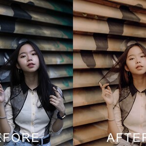 Puede incluir: Una imagen de antes y despu&eacute;s de una persona que lleva una camisa blanca con una superposici&oacute;n de encaje negro y pantalones vaqueros azules. La persona est&aacute; de pie frente a una pared con listones horizontales. La imagen de la izquierda muestra la imagen original, mientras que la imagen de la derecha muestra la imagen editada con un tono de color m&aacute;s c&aacute;lido.