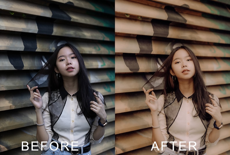 Puede incluir: Una imagen de antes y despu&eacute;s de una persona que lleva una camisa blanca con una superposici&oacute;n de encaje negro y pantalones vaqueros azules. La persona est&aacute; de pie frente a una pared con listones horizontales. La imagen de la izquierda muestra la imagen original, mientras que la imagen de la derecha muestra la imagen editada con un tono de color m&aacute;s c&aacute;lido.