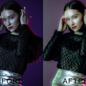 Puede incluir: Una mujer con el pelo largo y oscuro lleva una blusa negra transparente con una falda plateada. El fondo es un degradado de morado y rosa. La imagen est&aacute; dividida en dos secciones, con el lado izquierdo etiquetado como "ANTES" y el lado derecho etiquetado como "DESPU&Eacute;S".