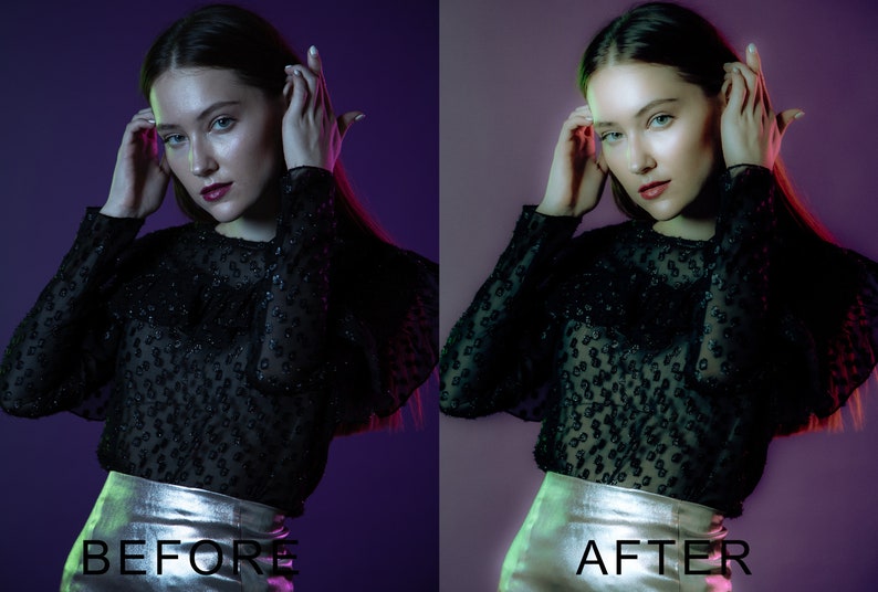 Puede incluir: Una mujer con el pelo largo y oscuro lleva una blusa negra transparente con una falda plateada. El fondo es un degradado de morado y rosa. La imagen est&aacute; dividida en dos secciones, con el lado izquierdo etiquetado como "ANTES" y el lado derecho etiquetado como "DESPU&Eacute;S".