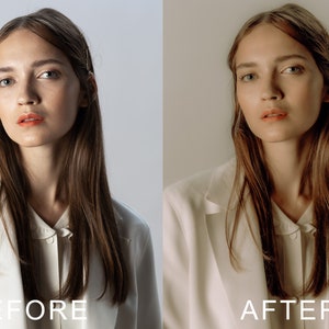 Puede incluir: Una mujer con el pelo largo y casta&ntilde;o lleva una chaqueta blanca y una camisa blanca. La imagen est&aacute; dividida en dos, con el lado izquierdo mostrando a la mujer antes de una edici&oacute;n de foto y el lado derecho mostrando a la mujer despu&eacute;s de una edici&oacute;n de foto. El texto "ANTES" est&aacute; debajo de la mujer en el lado izquierdo y el texto "DESPU&Eacute;S" est&aacute; debajo de la mujer en el lado derecho.
