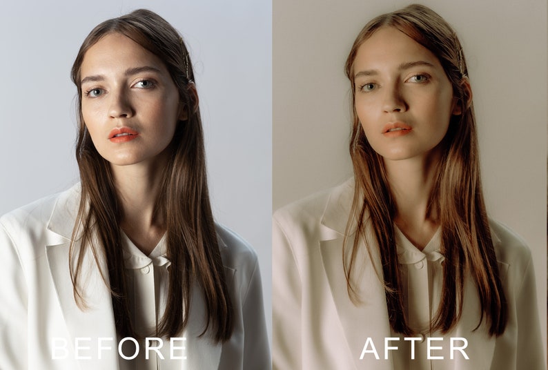 Puede incluir: Una mujer con el pelo largo y casta&ntilde;o lleva una chaqueta blanca y una camisa blanca. La imagen est&aacute; dividida en dos, con el lado izquierdo mostrando a la mujer antes de una edici&oacute;n de foto y el lado derecho mostrando a la mujer despu&eacute;s de una edici&oacute;n de foto. El texto "ANTES" est&aacute; debajo de la mujer en el lado izquierdo y el texto "DESPU&Eacute;S" est&aacute; debajo de la mujer en el lado derecho.