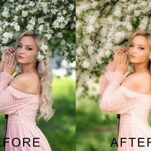 Puede incluir: Una mujer con cabello rubio lleva un vestido rosa con lunares blancos y se encuentra frente a un &aacute;rbol en flor con flores blancas. La imagen est&aacute; dividida en dos secciones, con el lado izquierdo etiquetado como "ANTES" y el lado derecho etiquetado como "DESPU&Eacute;S".