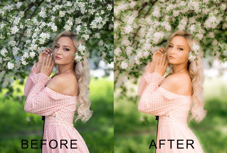 Puede incluir: Una mujer con cabello rubio lleva un vestido rosa con lunares blancos y se encuentra frente a un &aacute;rbol en flor con flores blancas. La imagen est&aacute; dividida en dos secciones, con el lado izquierdo etiquetado como "ANTES" y el lado derecho etiquetado como "DESPU&Eacute;S".
