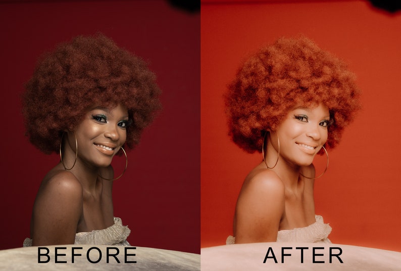 Puede incluir: Una mujer con un gran afro rizado de color casta&ntilde;o rojizo lleva un top blanco sin mangas y pendientes de aro dorados. Sonr&iacute;e y mira hacia la derecha. El fondo es de color rojo s&oacute;lido.