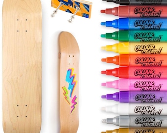 Venom Skateboards Deck 8" & Colour Create Pens -  12 Medium Pen Pack + Deck Wall Hanger Custom Deck