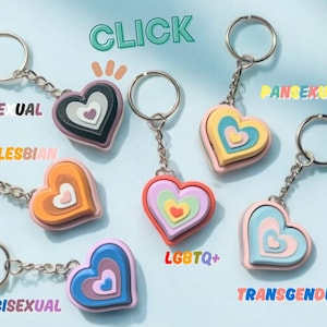 Puede incluir: Llaveros con colgantes en forma de corazón de varios colores, cada uno con una etiqueta de identidad LGBTQ+. Los llaveros tienen anillos y cadenas plateadas. La palabra "CLICK" está en la imagen.