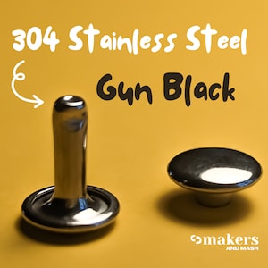 May include: Two 304 stainless steel rivets, one with a post and one with a flat head, in a gun black finish. The rivets are on a yellow surface.