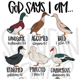 May include: A colorful illustration of ducks with bible verses and positive affirmations. The text reads "God says I am..." with words like "handsome", "accepted", "bold", "redeemed", "protected", "courageous", "kind", "strong", and "loyal".