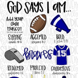 May include: A motivational poster with a blue and white football theme. The poster features the text "God Says I Am..." and lists several positive attributes with corresponding bible verses. The attributes include strong, accepted, bold, redeemed, protected, courageous, kind, capable, and loyal.