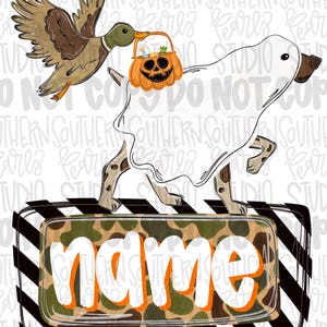 May include: A digital illustration featuring a flying mallard duck carrying an orange jack-o'-lantern bucket, a dog wearing a white ghost sheet, and a rectangular frame with a camouflage pattern containing the white text name in orange outline.