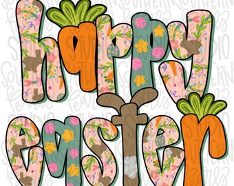 May include: A graphic design featuring the text Happy Easter in a bold, rounded font. The letters are filled with a pattern of pink flowers, green leaves, brown bunnies, and colorful eggs. Some letters are shaped like orange carrots with green tops.