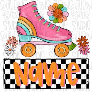 Pode incluir: Patins rosa com listras arco-íris e uma flor com um símbolo de paz. O patins está sobre um fundo xadrez preto e branco com a palavra "Name" em letras laranja.