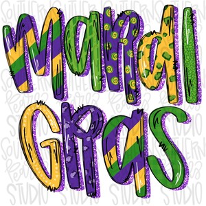May include: Purple, green, and yellow text that reads "Mardi Gras" with a glittery background.