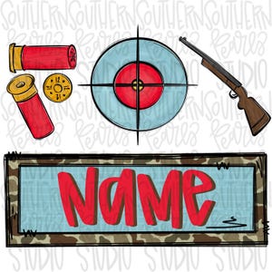 May include: Digital illustration featuring hunting-themed elements. Includes red shotgun shells, a target, a shotgun, and a rectangular sign with the word "Name" in red letters. The sign has a camouflage border and a blue background.