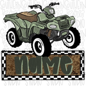 May include: An illustration of a green ATV with black tires and white rims. The ATV has a brown seat and black handlebars. Below the ATV is a rectangular sign with the word "NAME" in green letters on a brown background, framed by a black and white checkered border.