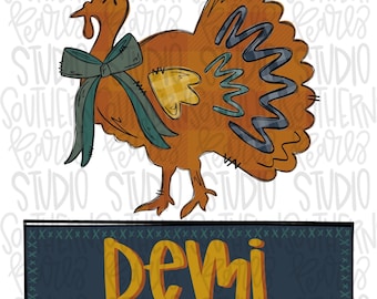 May include: A brown turkey illustration featuring a dark green bow around its neck, a yellow wing patch, and blue wavy lines on its tail feathers. Below the turkey is a dark rectangular sign with the name DEMI written in yellow letters.