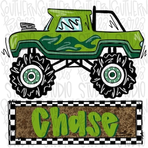Może przedstawiać: Zielony monster truck z czarnymi kołami i płomieniami po bokach. Ciężarówka ma czarną klatkę bezpieczeństwa i czarny zderzak. Ciężarówka znajduje się na białym tle. Czarno-brązowy szachownica z napisem "Chase" zielonymi literami znajduje się pod ciężarówką.