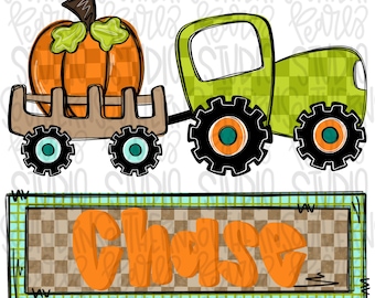 Fall tractor carrying Pumpkin with Name Patch | Sublimation Design | Digital Download | Women’s, Kids Shirt PNG