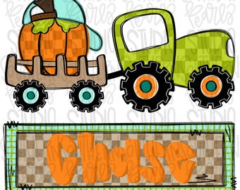 Tractor otoñal transportando una calabaza con un sombrero al revés y un parche con nombre / Diseño de sublimación / Descarga digital / Camiseta PNG para mujer y niños