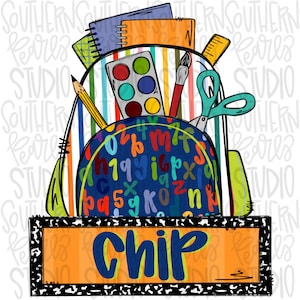 May include: A blue and green backpack with a colorful striped pattern. The backpack is filled with school supplies, including a paint palette, pencils, scissors, and a ruler. The name "Chip" is written on a sign in front of the backpack.