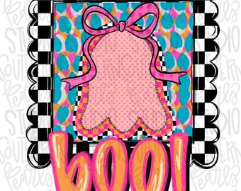 Boo ghost with bow in frame | Sublimation Design | Digital Download | Women’s, Kids Shirt PNG