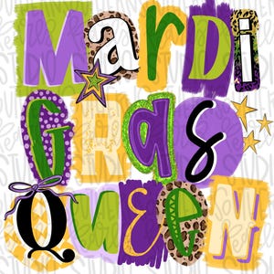 Może przedstawiać: Projekt graficzny z napisem Mardi Gras Queen w mieszance kolorów fioletowego, zielonego i żółtego. Litery zawierają różne wzory, w tym panterkę, kropki i jednolite wypełnienia, podkreślone fioletową gwiazdką oraz fioletową kokardą.