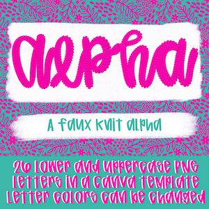 May include: A digital graphic design featuring the word "alpha" in bright pink, stylized as a faux knit design. The text is set against a white rectangular background, with additional text below. The background is a teal color with a floral pattern.