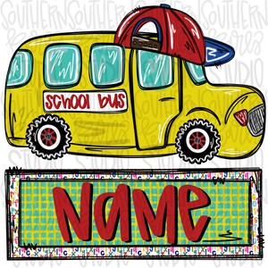 May include: A yellow school bus illustration with a red baseball cap on top. The bus has the words "SCHOOL BUS" on the side. Below the bus is a rectangle with the word "NAME" in red.