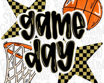 May include: A graphic design featuring the text "game day" in bold black letters with a gold outline. The design includes an orange basketball, a basketball hoop with a white net, and two large stars with a black and gold checkered pattern.