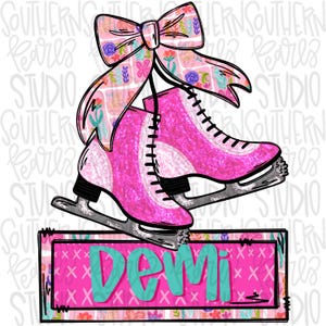 May include: A digital illustration of a pair of bright pink glittery ice skates tied together with a large, patterned bow featuring floral motifs. Below the skates is a rectangular pink sign with a cross-hatch pattern containing the name Demi.