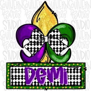 Mardi Gras fleur de Lis with bow and name patch | Sublimation Design | Digital Download | Women’s, Kids Shirt PNG