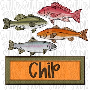 May include: A digital illustration of four different types of fish, including a red fish, a green fish, an orange fish, and a grey fish. The fish are all drawn in a cartoon style and have a watercolour effect. The word "Chip" is written in brown text on a green and orange background.